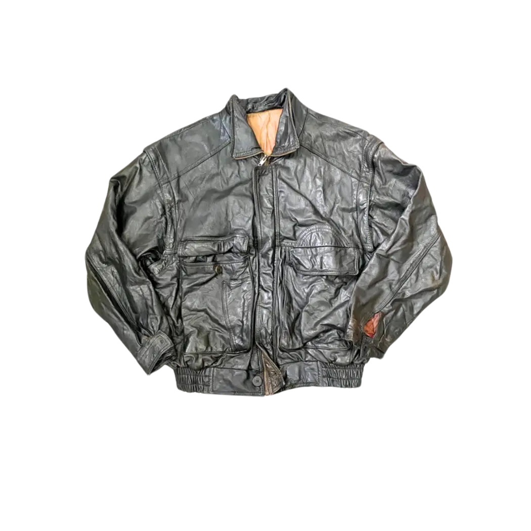 REAL LEATHER VINTAGE BOMBER HARRINGTON JACKET IN BLACK - yessai.vintage