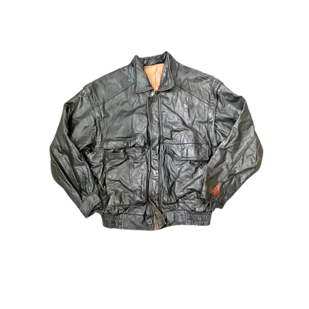 REAL LEATHER VINTAGE BOMBER HARRINGTON JACKET IN BLACK - yessai.vintage